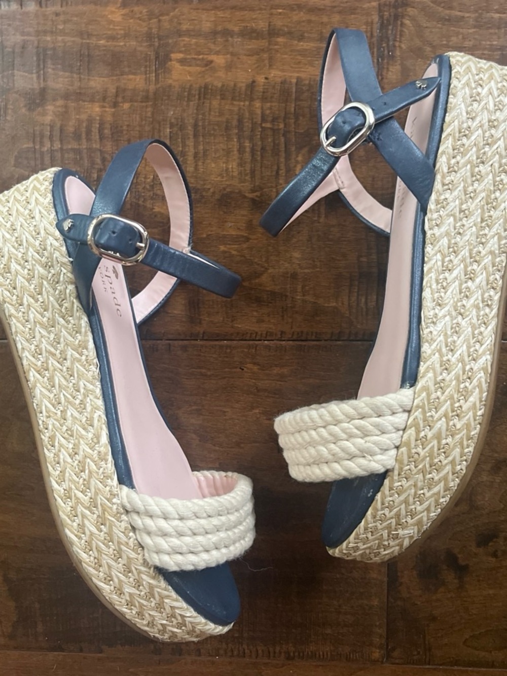 Kate Spade New York navy blue leather jute espadrille platform wedges Sz. 6.5